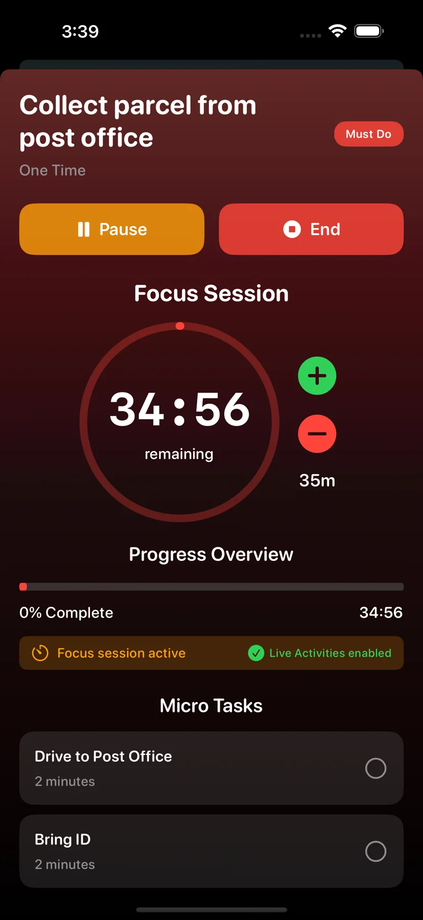 iFocusFlow focus session on iPhone: a 34:56 countdown timer for the task “Collect parcel from post office”, with pause and end controls and a micro-tasks checklist below